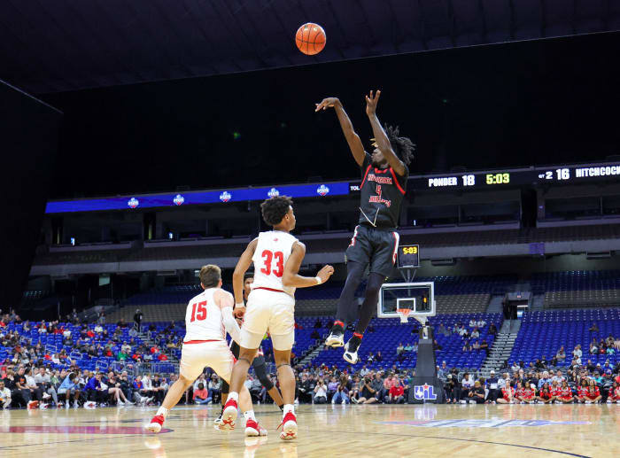 Hitchcock guard Bryce Dorsey releases a jumper during the 3A state championship game on Saturday, a comeback win over Ponder.